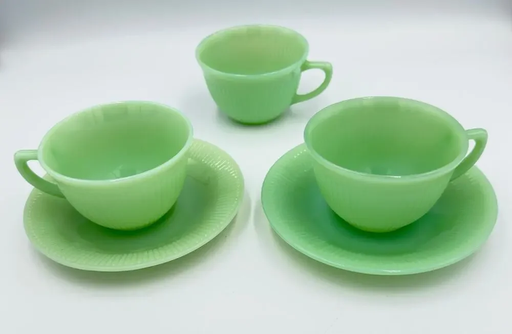 Fire King Coffee Tea Cup & Saucer Jane Ray JadeIte by ANCHOR HOCKING 5pc Set